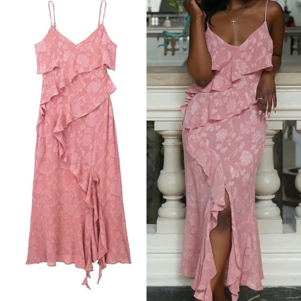 Zara Ruffle Jacquard Rose Dress